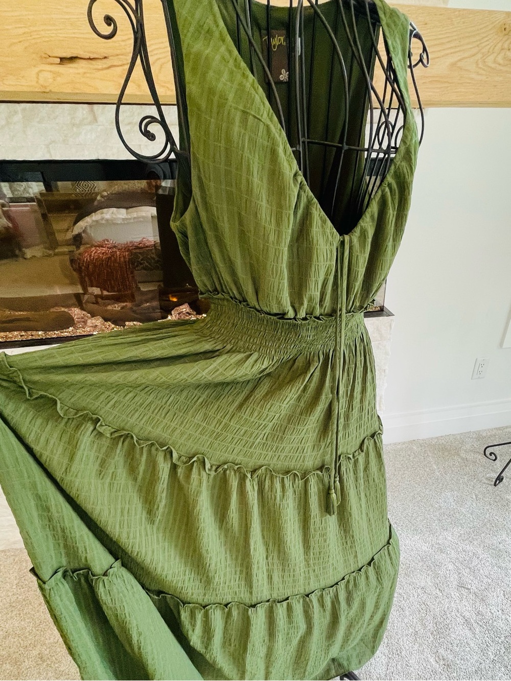 Taylor Olive Green Tiered V-Neck Maxi Dress